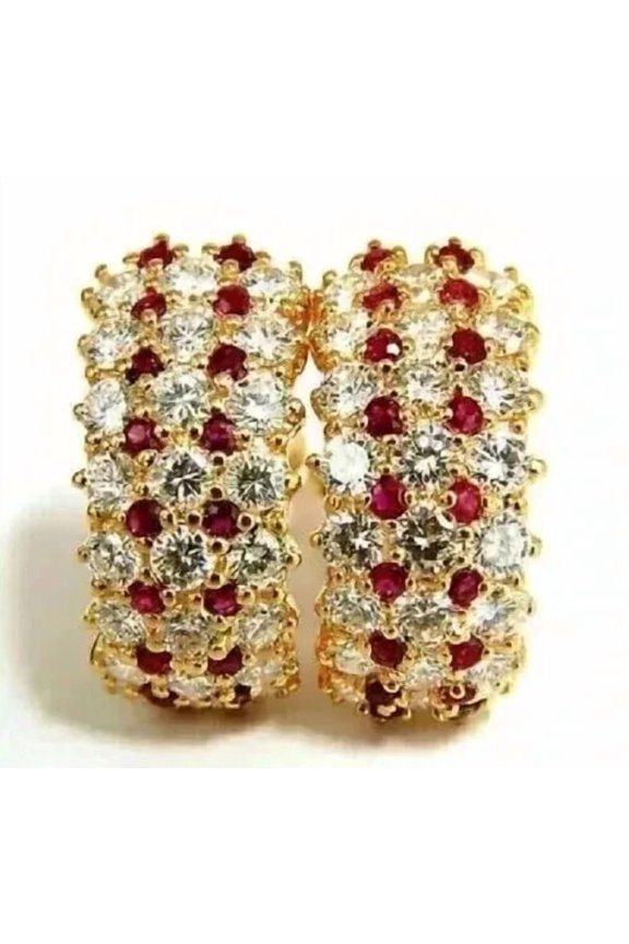 925 Sterling Silver 1.90 Ct Round Cut Ruby & Diamond Hoop Earring's 14K Yellow Gold Plated For Women's