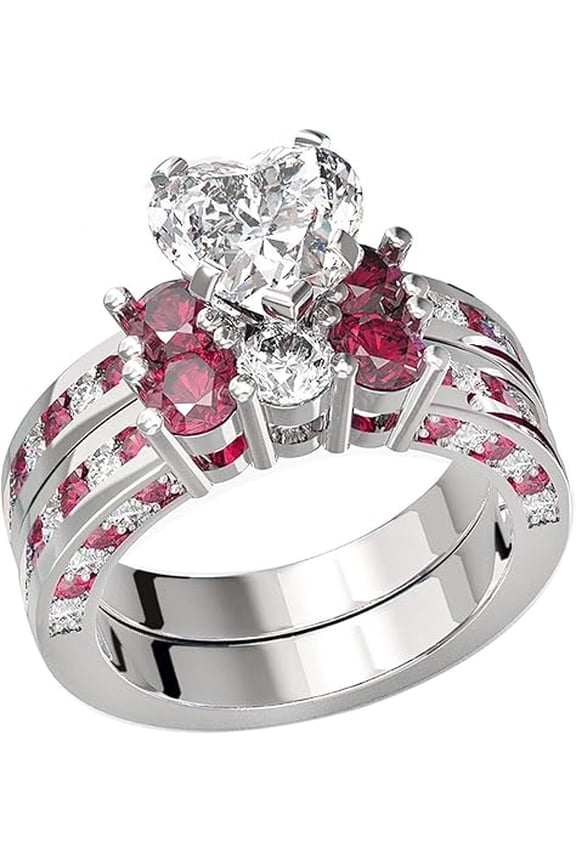925 Sterling Silver 2.00 Ct Heart Cut Ruby & Diamond Wedding Engagement Thanksgiving Christmas Bridal Ring Set 14K White Gold Plated For Women's -8