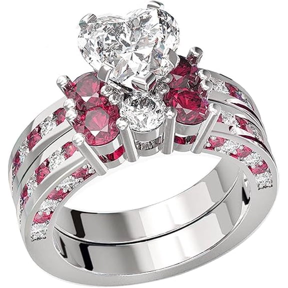 Dazzlingdaimonds Jewels 925 Sterling Silver 2.00 Ct Heart Cut Ruby & Diamond Wedding Engagement Thanksgiving Christmas Bridal Ring Set 14K White Gold Plated For Women's -4.5