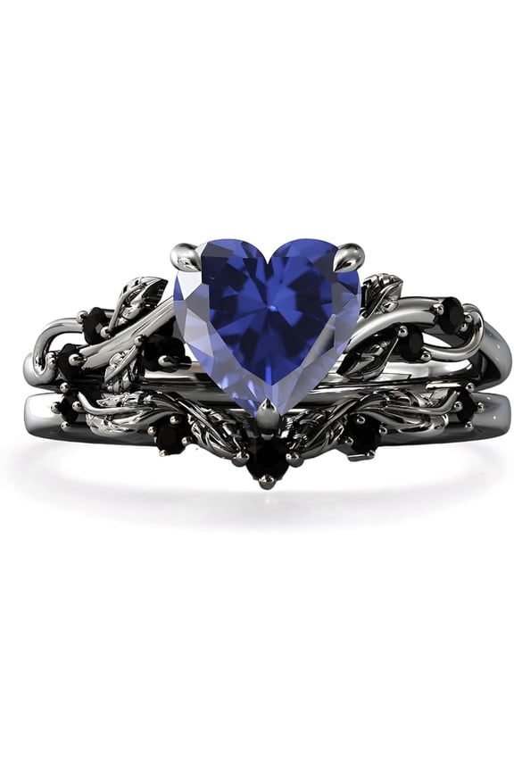 925 Sterling Silver 2.00 Ct Heart Cut Tanzanite & Black Diamond Wedding Valentine's Anniversary Christmas Bridal Ring Set 14K Black Gold Plated For Women's -7