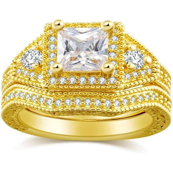 Dazzlingdaimonds Jewels 925 Sterling Silver 2.00 Ct Princess Cut Diamond Wedding Engagement Christmas Bridal Ring Set 14K Yellow Gold Plated For Women's -5