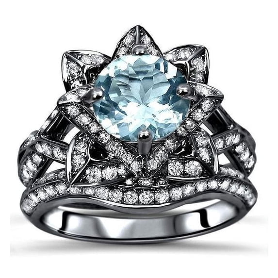 Dazzlingdaimonds Jewels 925 Sterling Silver 2.00 Ct Round Cut Aquamarine & Diamond Flower Wedding Engagement Thanksgiving Christmas Bridal Ring Set 14K White Gold Plated For Women's -9