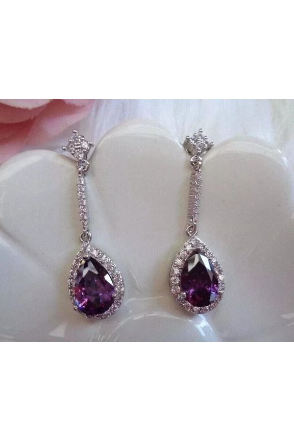 925 Sterling Silver 2.10 Ct Pear Cut Amethyst & Diamond Drop Earring's 14K White Gold Plated For Women's