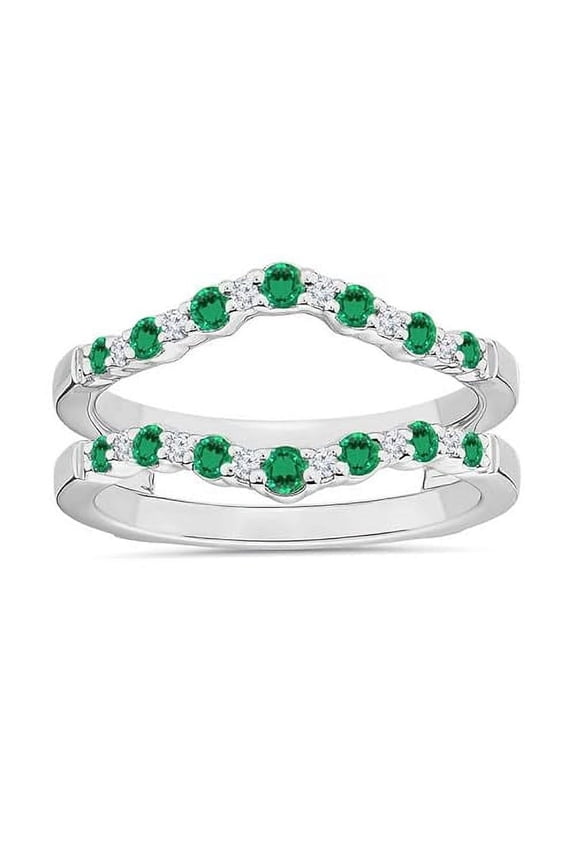 925 Sterling Silver 2.14 Ct Round Cut Green Emerald & Diamond Engagement Thanksgiving Christmas Enhancer Wrap Guard Ring 14K White Gold Plated For Women's -7