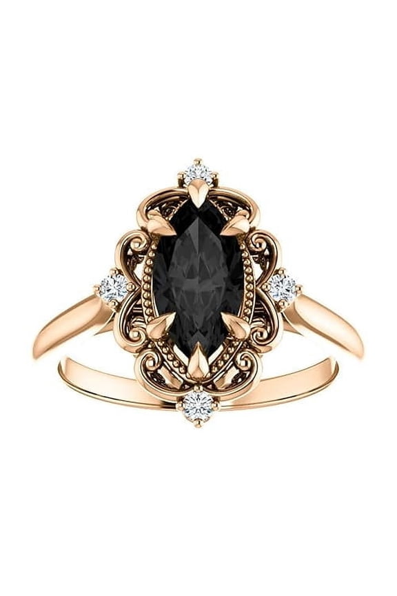 925 Sterling Silver 2.35 Ct Marquise Cut Black Diamond Wedding Engagement Thanksgiving Christmas Vintage Halo Ring 14K Rose Gold Plated For Women's -9.5