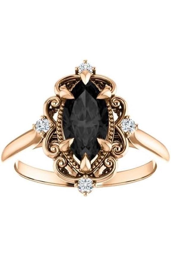 925 Sterling Silver 2.40 Ct Marquise Cut Black Diamond Wedding Engagement Thanksgiving Christmas Vintage Halo Ring 14K Rose Gold Plated For Women's -8