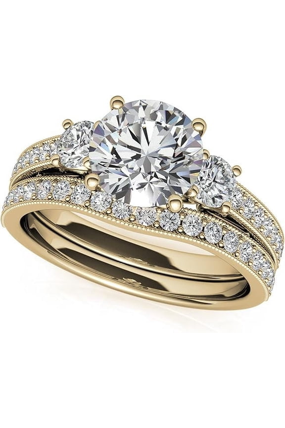 925 Sterling Silver 2.60 Ct Round Cut White Diamond Engagement Wedding Thanksgiving Christmas Bridal Ring Set 14K Yellow Gold Plated For Women's -6.5