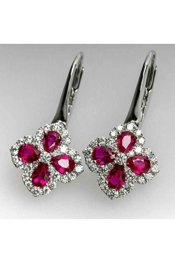 925 Sterling Silver 3.00 Ctw Oval Cut Ruby & Diamond Engagement Wedding Drop Dangle Earring's 14K White Gold Plated For Women's