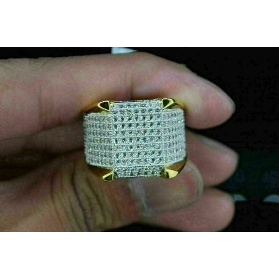 Dazzlingdaimonds Jewels Men's 925 Sterling Silver 3.15 Ctw Round Cut White Diamond Wedding Anniversary Engagement Band Cluster Pinky Ring 14K Yellow Gold Plated -5