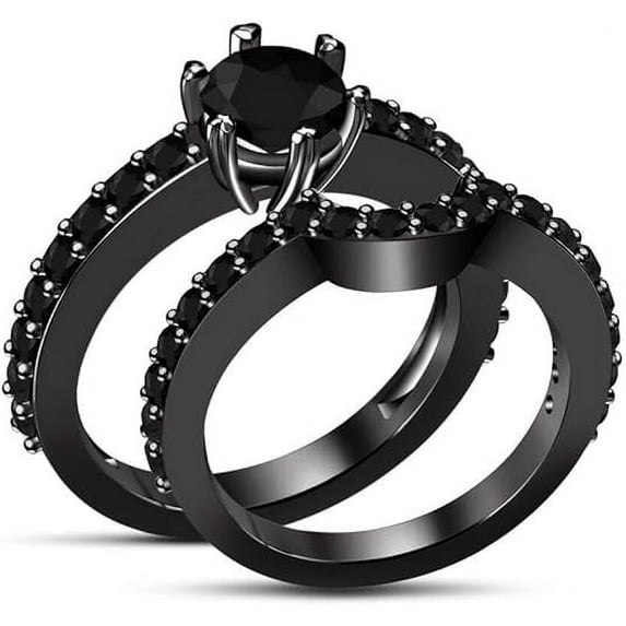 Dazzlingdaimonds Jewels Women's 2.10 Ct Round Cut Black Diamond Engagement Wedding Thanksgiving Christmas Bridal Ring Set 14K Black Gold Plated 925 Sterling Silver -6.5