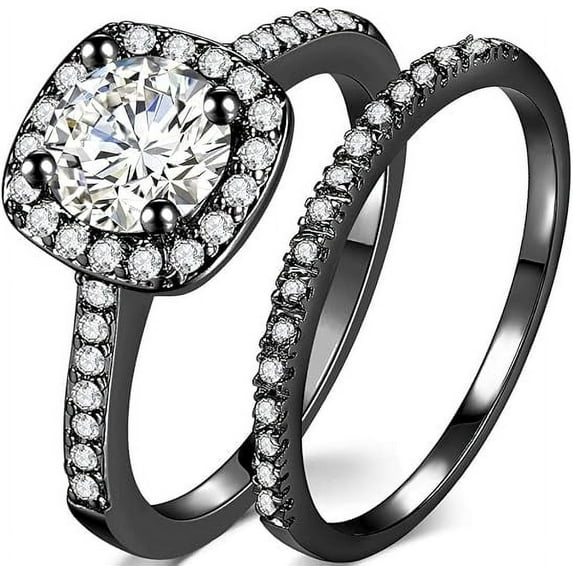 Dazzlingdaimonds Jewels Women's 925 Sterling Silver 2.15 Ct Round Cut White Diamond Engagement Wedding Thanksgiving Christmas Bridal Ring Set 14K Black Gold Plated -6