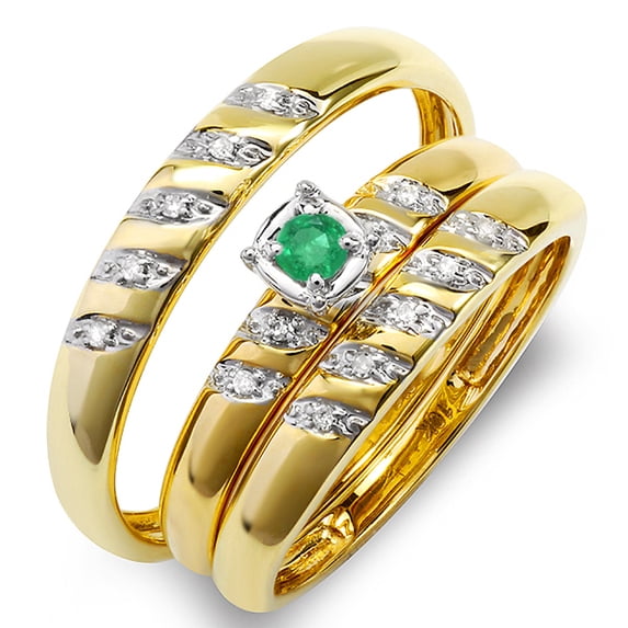 Dazzlingdaimonds jewels 14K Yellow Gold Plated 925 Sterling Silver 4.10 Ct Round Cut Emerald And White Diamond Engagement Wedding Thanksgiving Christmas Men & Ladies Trio Set Ring Set For Unisex -8