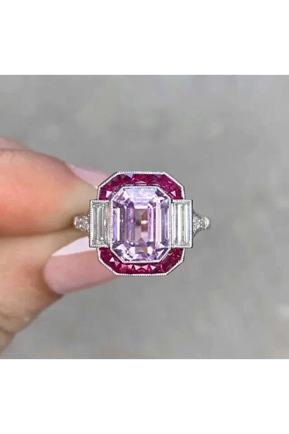 DazzlingdaimondsJewels 2.14 Ct Emerald Cut Amethyst & Diamond Wedding Engagement Halo Ring 14K White Gold Plated 925 Sterling Silver For Women's -6
