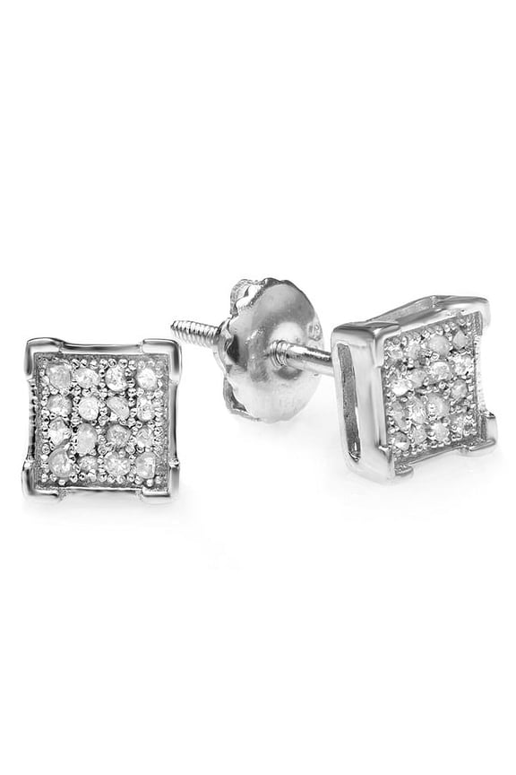 Collection 0.05 Carat (ctw) 10K Round Diamond V Prong Square Shape Men's Hip Hop Iced Stud Earrings, White Gold
