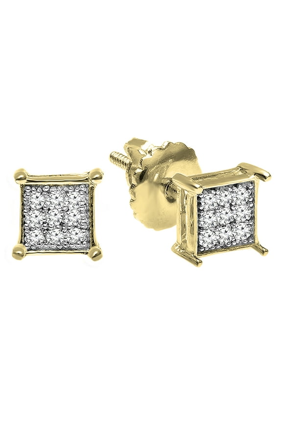 Collection 0.06 CT Round White Diamond Square Unisex Stud Earrings, 10K Yellow Gold