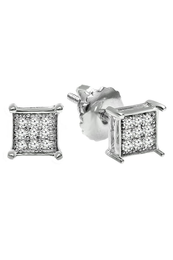 Collection 0.06 CT Round White Diamond Square Unisex Stud Earrings, Sterling Silver