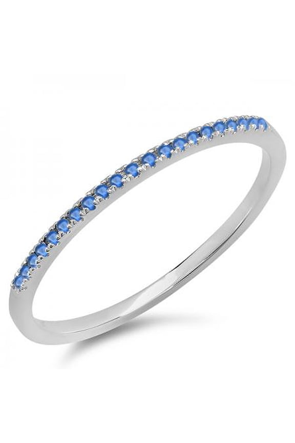 Collection 0.08 Carat (ctw) 14K Round Blue Sapphire Dainty Anniversary Wedding Stackable Ring, White Gold, Size 9