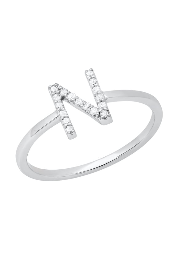 Collection 0.10 CT Round White Diamond Ladies Uppercase 'N' Alphabet Initial Ring in 10K White Gold, Size 8