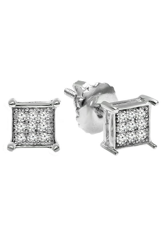 Dazzling Rock Collection 0.10 CT Round White Diamond Square Stud Earrings for Men in Sterling Silver