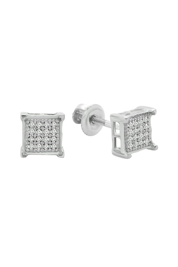 Collection 0.10 CT Round White Diamond Square Unisex Stud Earrings, Sterling Silver