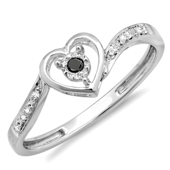Dazzlingrock Collection 0.10 Carat (ctw) 10k Round Black And White Diamond Ladies Heart Shaped Promise Bridal Engagement Ring, White Gold, Size 5.5