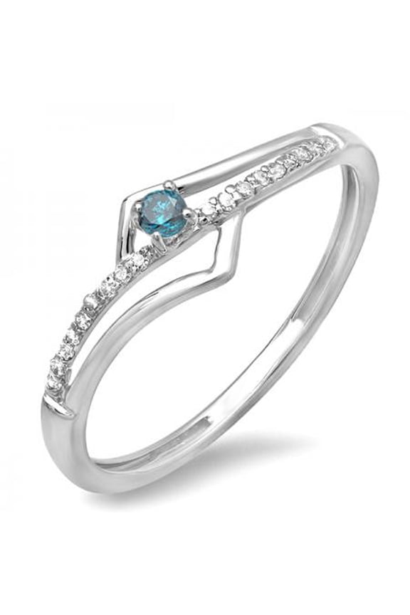 Collection 0.10 Carat (ctw) 10k Round Blue And White Diamond Wave Ladies Bridal Promise Engagement Ring 1/5 CT, White Gold, Size 6