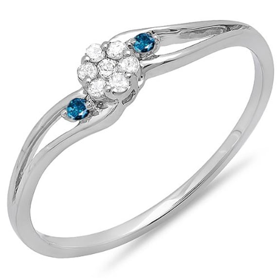 Dazzlingrock Collection 0.10 Carat (ctw) 10k Round White & Blue Diamond Ladies Bridal Swirl Split Shank Cluster Promise Ring 1/10 CT, White Gold, Size 5