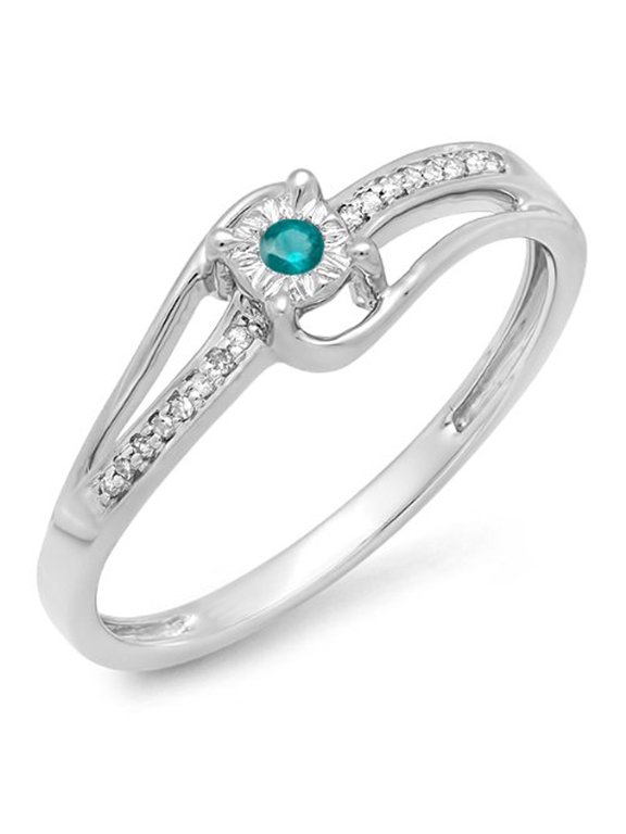 Collection 0.10 Carat (ctw) 14k Round White And Blue Diamond Wave Bridal Promise Ring 1/10 CT, White Gold, Size 6.5