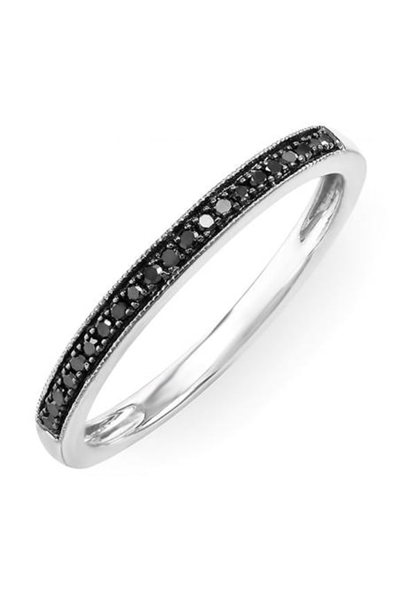 Collection 0.10 Carat (ctw) Round Black Diamond Wedding Milgrain Stackable Band, Sterling Silver
