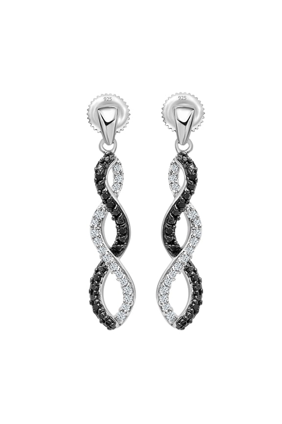 Collection 0.10 Carat (ctw) Round Black & White Diamond Ladies Infinity Swirl Dangling Earrings, 925 Sterling Silver