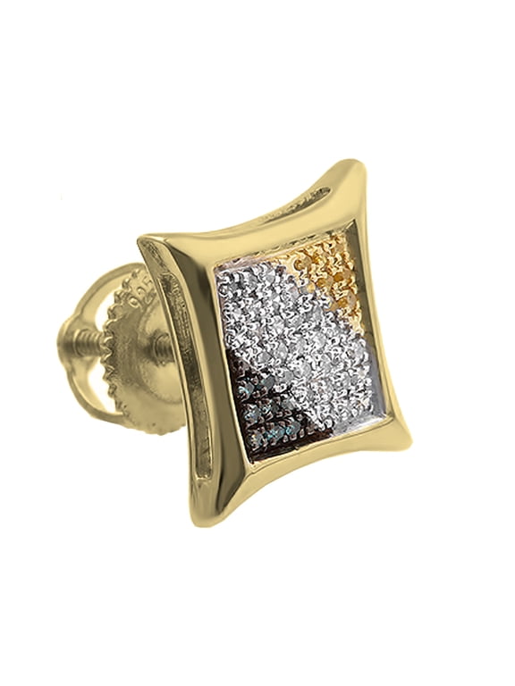 Collection 0.10 Ctw Natural Round Blue, White, Yellow Diamond Micro Pave Kite Hip Hop Stud (1Pc Only) in Yellow Plated Silver, Screw Back,Unisex Design Ladies,Mens Real Diamond Earrings