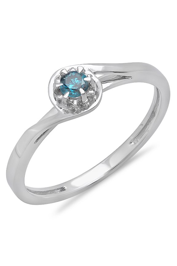 Collection 0.12 Carat (ctw) 14K Round Cut Blue Diamond Twisted Solitaire Bridal Promise Ring, White Gold, Size 8.5