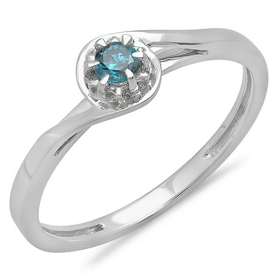 Dazzlingrock Collection 0.12 Carat (ctw) 18K Round Cut Blue Diamond Twisted Solitaire Bridal Promise Ring, White Gold, Size 8.5