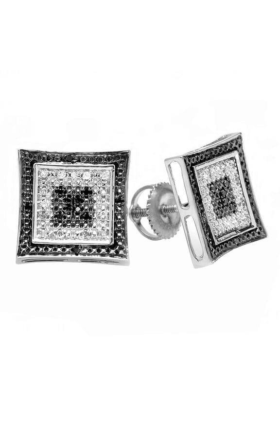 Collection 0.12 Carat (ctw) Round Black & White Diamond Kite Shape Screwback Stud Earrings for Women in 925 Sterling Silver