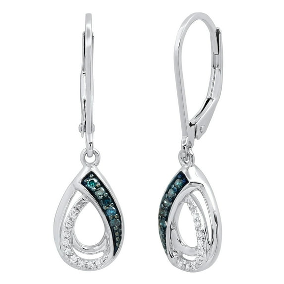 Dazzlingrock Collection 0.12 Carat (ctw) Round Blue & White Diamond Dangle Teardrop Earrings for Women in 10K White Gold