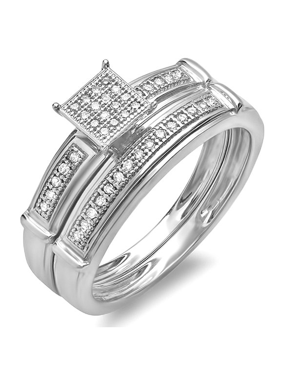 Collection 0.12 Carat (ctw) Round Diamond Womens Micro Pave Bridal Engagement Ring Set Matching Band, Sterling Silver