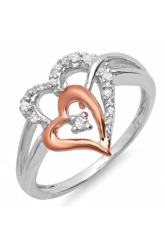 Collection 0.13 Carat (ctw) Sterling Silver And Round Cut Diamond Double Heart Two Tone Promise Ring, Size 4