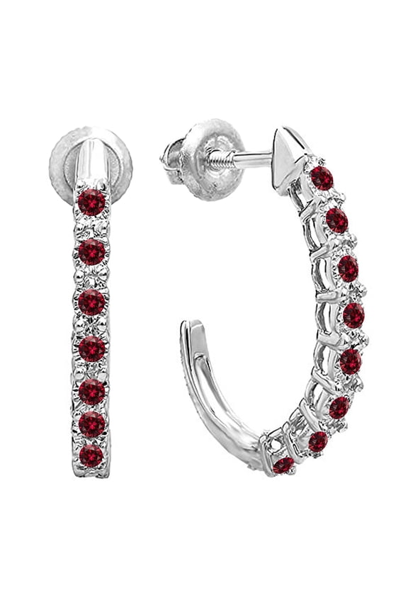 Collection 0.15 CT Round Red Diamond J Shaped Hoop Earrings for Women, Sterling Silver