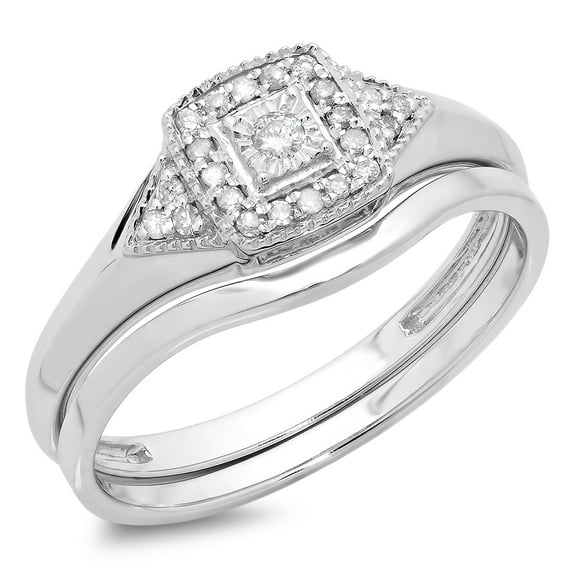 Dazzlingrock Collection 0.15 Carat (Ctw) 10K Round White Diamond Bridal Engagement Ring Matching Band Set, White Gold, Size 4