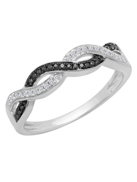 Collection 0.15 Carat (Ctw) Sterling Silver Black & White Diamond Ladies Bridal Wedding Stackable Band, Size 7