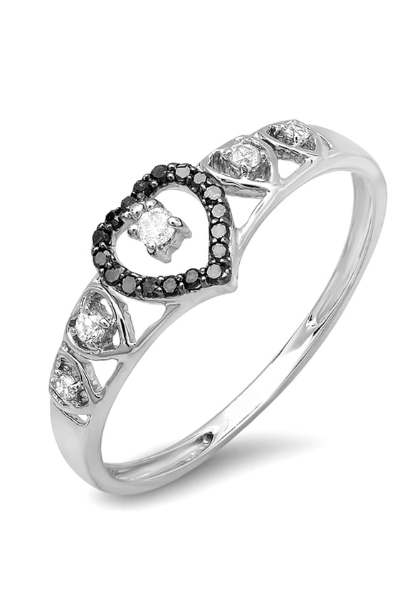 Collection 0.15 Carat (ctw) 10K Black & White Diamond Ladies Bridal Wave Heart Promise Ring, White Gold, Size 9