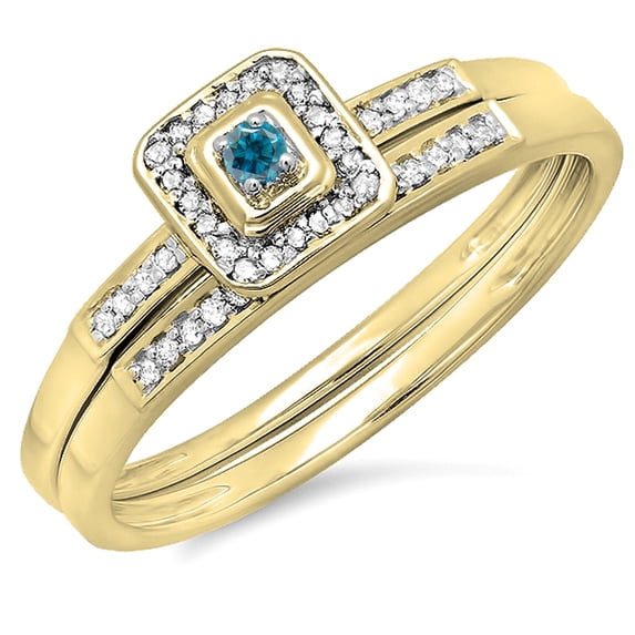 Dazzlingrock Collection 0.15 Carat (ctw) 10K Blue & White Diamond Halo Engagement Wedding Bridal Ring Set, Yellow Gold, Size 9