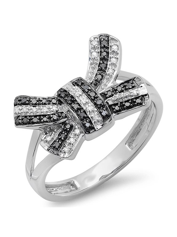Collection 0.15 Carat (ctw) 10K Round Black & White Diamond Ladies Split Shank Cocktail Bow Ring, White Gold, Size 7