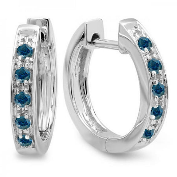 Dazzlingrock Collection 0.15 Carat (ctw) 10K Round Blue Diamond Ladies Huggie Hoop Earrings, White Gold