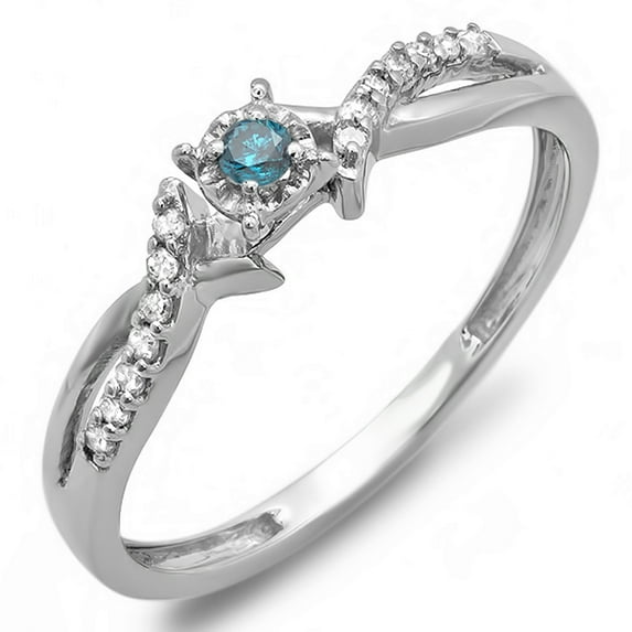 Dazzlingrock Collection 0.15 Carat (ctw) 10k Round Blue And White Diamond Crossover Split Shank Ladies Bridal Promise Engagement Ring 1/6 CT, White Gold, Size 7