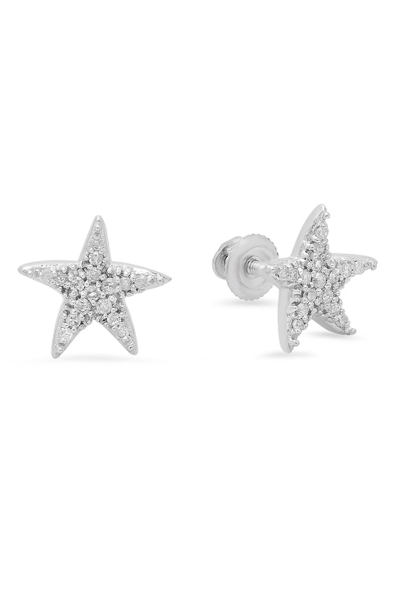Collection 0.15 Carat (ctw) 14K Round Cut White Diamond Ladies Star Shape Fashion Stud Earrings, White Gold