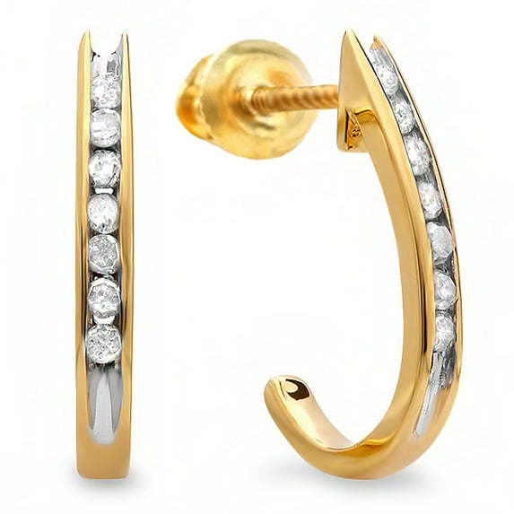 Dazzlingrock Collection 0.15 Carat (ctw) 18K Round White Diamond Ladies Fancy J Shaped Hoop Earrings, Yellow Gold