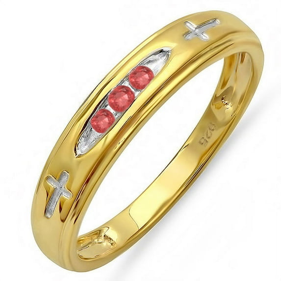Dazzlingrock Collection 0.15 Carat (ctw) 18K Yellow Gold Plated Sterling Silver 3 Stone Ruby Cross Design Men's Band, Size 11.5