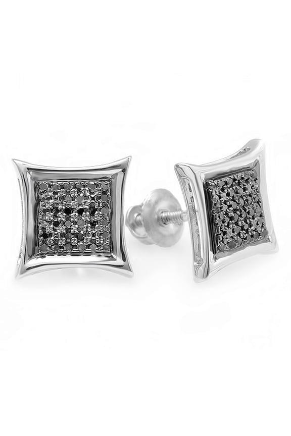 Collection 0.15 Carat (ctw) Black Round Diamond Micro Pave Setting Kite Shape Stud Earrings, Sterling Silver