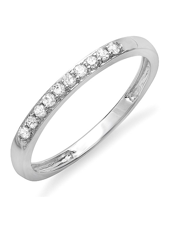 Collection 0.15 Carat (ctw) Dainty 2mm wide 10k Round Diamond Ladies Anniversary Wedding Matching Band Stackable Ring, White Gold, Size 8.5